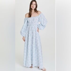 Caroline Constas Off-Shoulder Korina Blue Floral Maxi Dress side slits Size S